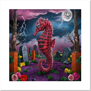 AI generated red striped seahorse in graveyard Posters and Art